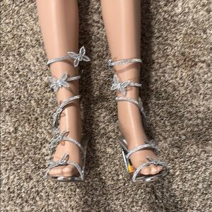 Silver Strappy Heels with Butterfly Accents